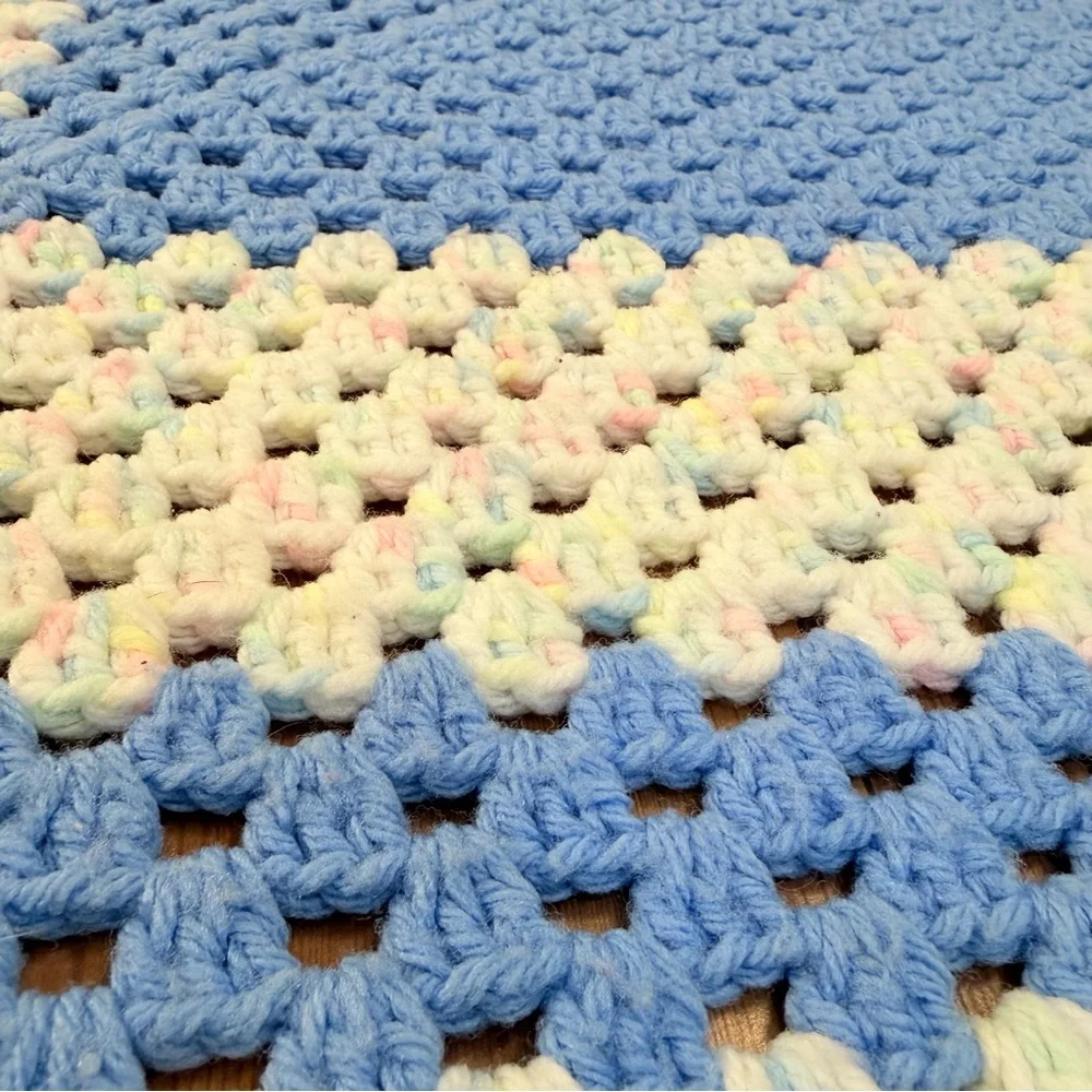 Cozy Handmade Crochet Baby Blanket Blue Cream Pastel Speckled Granny Square